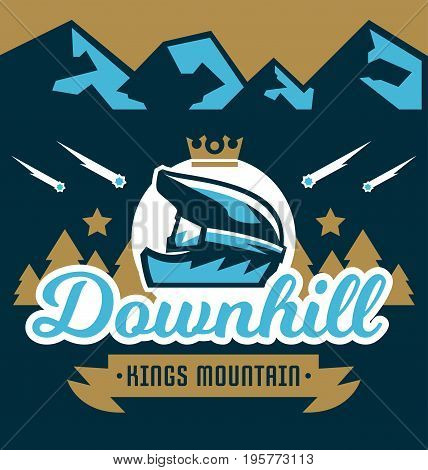 Vector illustration on the theme of extreme sport and mountain biking. Landscape, forest, fresh air. The invitation to the event. Crown, a bicycle helmet, goggles. Downhill, outdoor