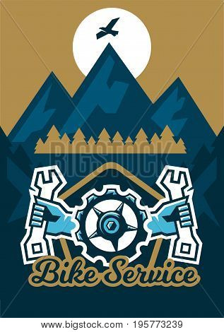 Vector illustration on the theme of extreme sport and mountain biking. Landscape, forest, fresh air. The invitation to the event. A bicycle sprocket and hand holding a wrench on the sides