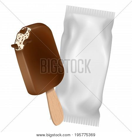 Realistic Icecream with chocolate inside. Plombir isolated on white background.Bitten plombir on a stick. Icecream package mock up
