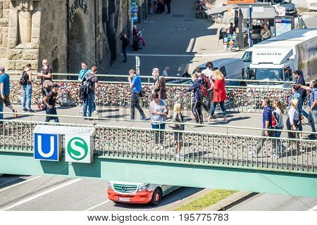 HAMBURG , GERMANY - JULY 14, 2017: Love locks clamping at the bridge to the St. Pauli piers