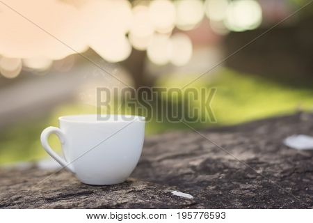 White cup morning coffee in garden and sunrise.