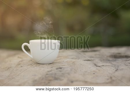 White cup morning coffee in garden and sunrise.