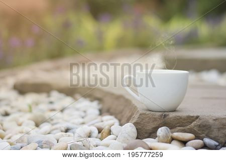 White cup morning coffee in garden and sunrise.