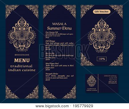 Vector illustration of a menu for a restaurant or cafe Indian oriental cuisine business cards and vouchers. Hand-drawn gold pattern on a dark background. Logo Lotus flower.