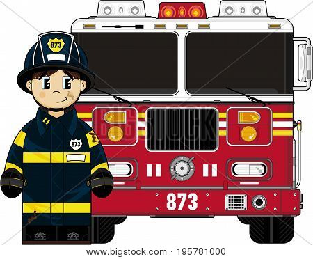 Cute Cartoon Fireman Firefighter and Fire Truck