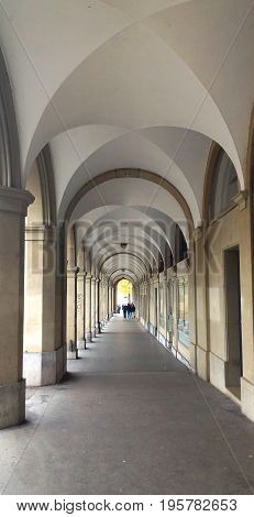 Hallway(way, path, passageway, passage, aisle) with the pillar and beautiful roof design in Switzerland