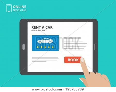 Hand holding tablet computer and touching a screen with car icon and book button. Design concept of car hire mobile application. Flat design vector illustration