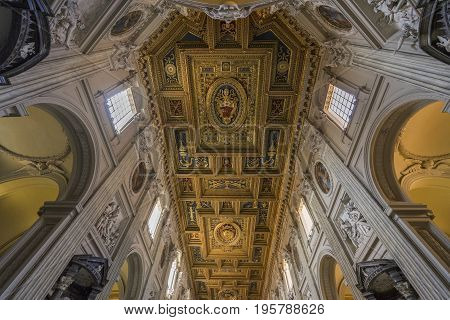 Basilica di San Giovanni in Laterano. Papal Archbasilica of St. John Lateran. Ceiling with gold details. Italy Rome June 2017