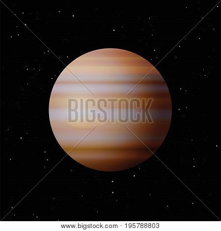 Planet Jupiter with typical great spot - largest planet in the Solar System - vector illustration on starry night galaxy black background.