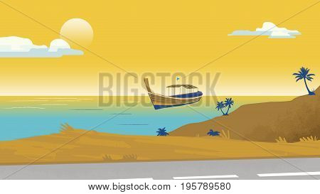 Seaside palm trees and a boat Vector illustration background template for advertise, travel agency, banner, project