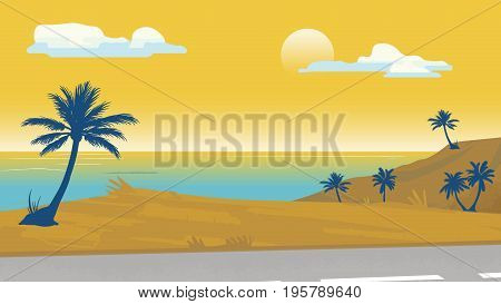 Seaside palm trees Vector illustration background template for advertise, travel agency, banner, project