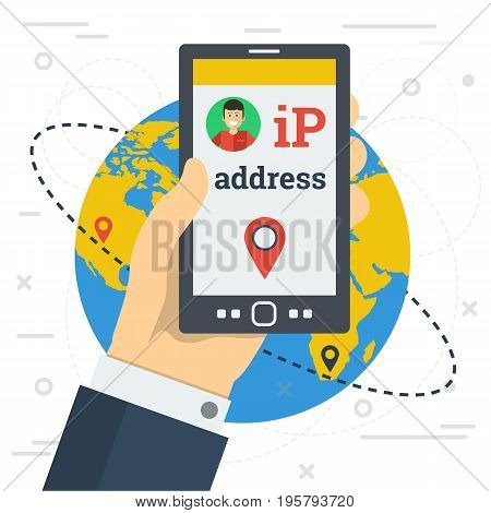 Vector illustration. Businessman hand with smart phone and changes the IP address between two points on world map