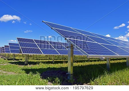 Rows of solar panels on field on beautiful summer day.