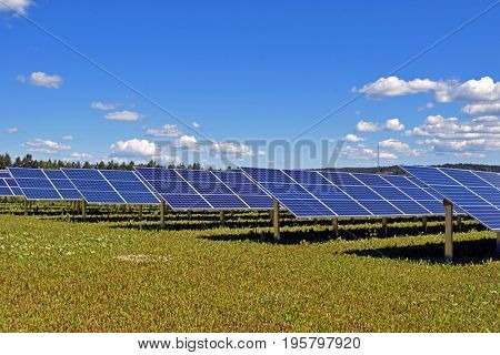 Rows of solar panels on field. Horizontal image with text space.