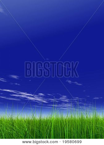 la hierba verde 3d de alta resolución sobre un cielo azul con nubes blancas como fondo y un horizonte claro.