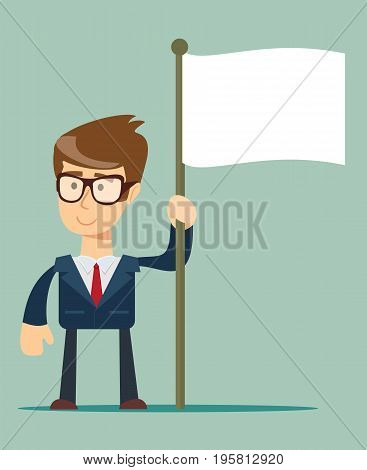 business and advertisement concept - smiling businessman holding flagpole with flag