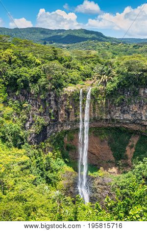 Scenic Chamarel Waterfalls in jungle of Mauritius island