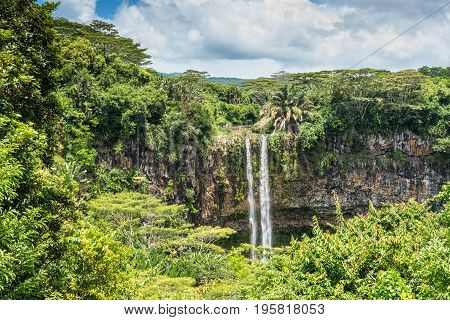 Scenic Chamarel Waterfalls in jungle of Mauritius island