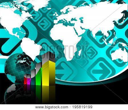 Business illustration with world map on blue background.