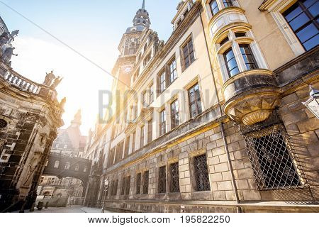 View on the old castle wall and Hausmannsturm tower in Dresden city during the sunrise in Germany
