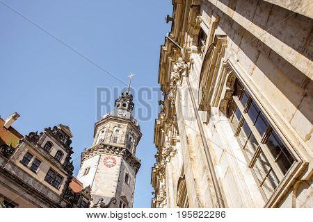 Close-up view on the Hausmannsturm tower of the old castle in Dresden, Germany