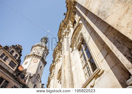 Close-up view on the Hausmannsturm tower of the old castle in Dresden, Germany