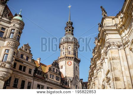 Close-up view on the Hausmannsturm tower of the old castle in Dresden, Germany