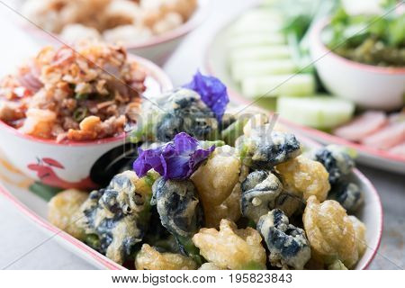 Fried Butterfly Pea Serving With Sweet And Sour Shrimp Paste . Thai Food