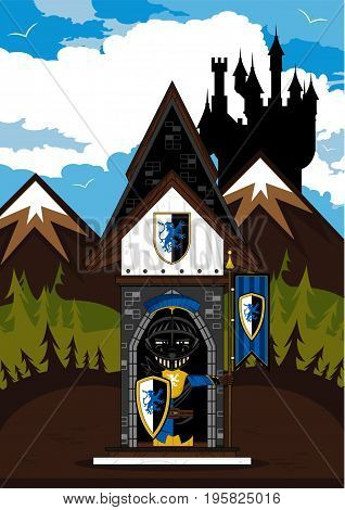 Cartoon Medieval Crusader Knight at Guard Post with Flag