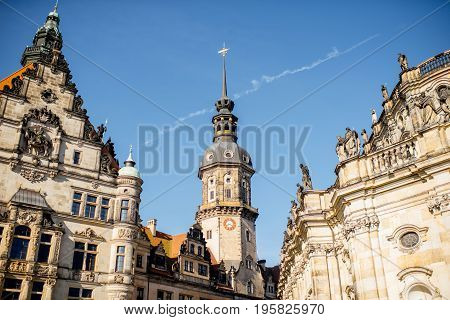 View on the Hausmannsturm tower of the old castle and city gates in Dresden, Germany