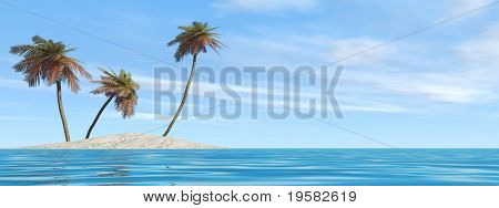 small isolated island with palm trees and clean blue watter over a blue sky banner