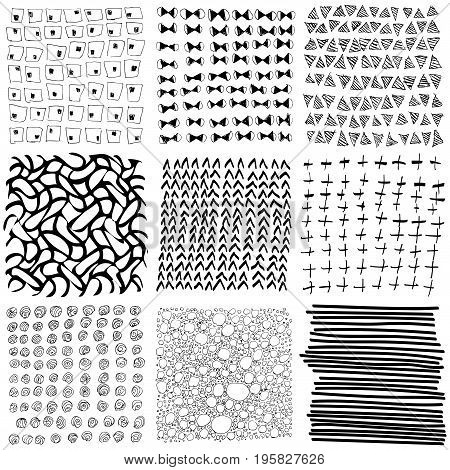 Array of nine handdrawn vector doodle patterns