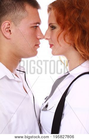 couple man and woman close to each other face on white