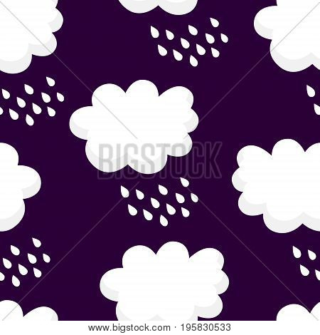 Nature pattern with white clouds and raindrops on black background. Ornament for children's textiles and wrapping. Vector.