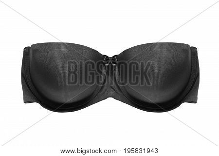 Black strapless balconette bra on white background