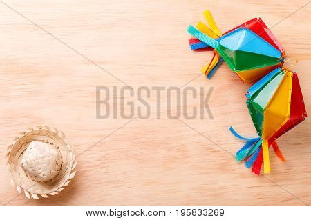 Wooden Background With Wicker Hat For Brazilian Festivel Festa Junina