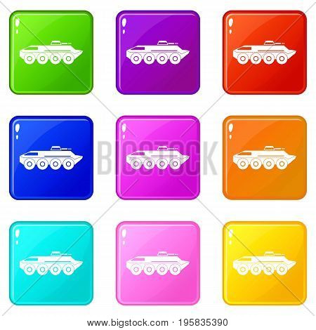 Armored personnel carrier icons of 9 color set isolated vector illustration