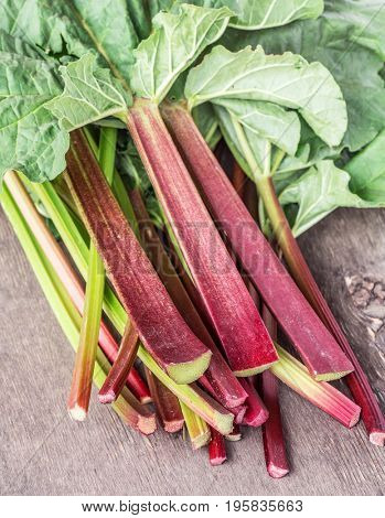 Edible rhubarb stalks on the wooden table.