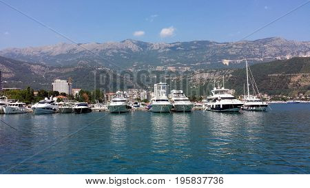 Budva, Montenegro - June 27, 2017: Boats, yachts in the beautiful Dukley Marina Budva