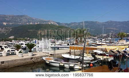 Budva, Montenegro - June 27, 2017: Boats, yachts in the beautiful Dukley Marina Budva