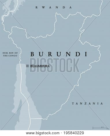 Burundi political map with capital Bujumbura and international borders. Republic and landlocked country in the African Great Lakes region of East Africa. Gray illustration. English labeling. Vector.