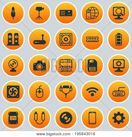 Hardware Icons Set. Collection Of Power Generator, Loudspeakers, Aux Cord And Other Elements