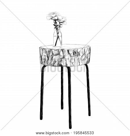 decorative table with top made of logs with a vase and flowers sketch vector graphics black and white drawing