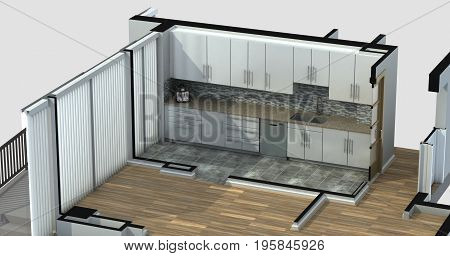 3D Rendering of a furnished residential apartment kitchen, showing generic cabinets and appliances.