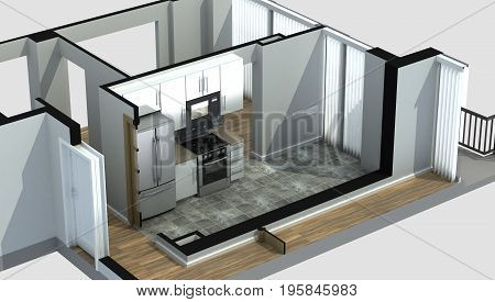 3D Rendering of a furnished residential apartment kitchen, showing generic cabinets and appliances.