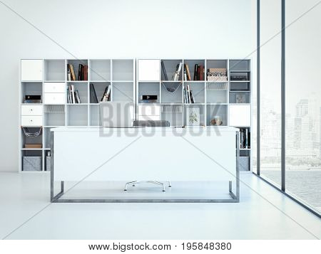 Office with large windows and desk. 3d rendering