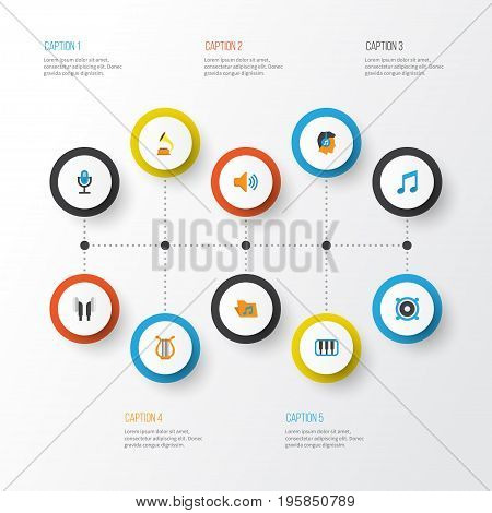 Multimedia Flat Icons Set. Collection Of Loudspeaker, Portfolio, Shellac And Other Elements