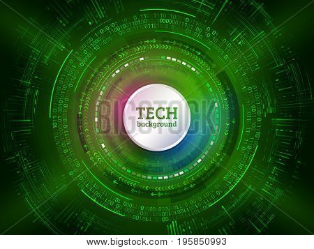Abstract technology communication on the green background. Hi-tech radial circuit board with various technological elements. Modern vector illustration