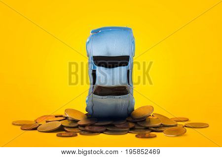Car crash stacks golden coins with damage and gold coins falling down and explosion scene Car crash insurance and lose money. Saving Financial Installment payment Safety Travel Transport and Accident concept.