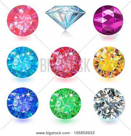 Gemstone bright flatlay set (top side view) isolated on white background vector illustration
